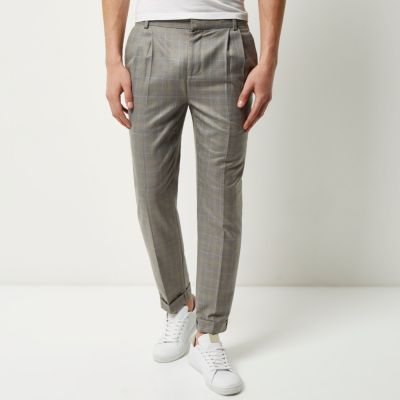Grey checked slim cropped trousers